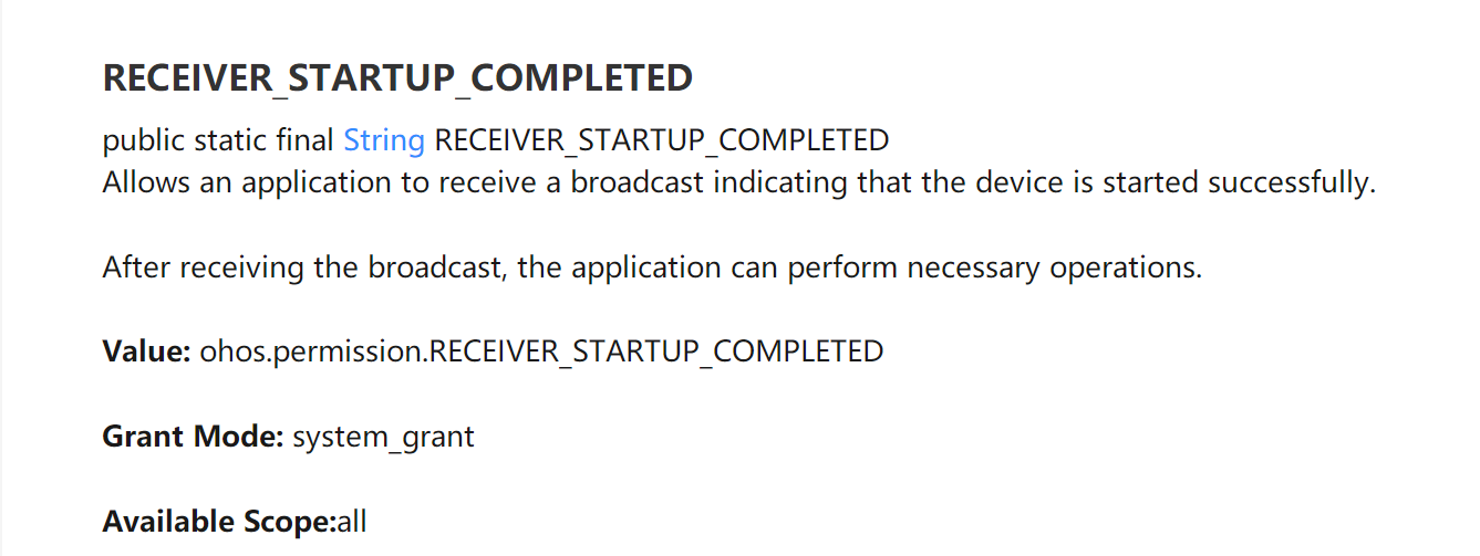 RECEIVER_STARTUP_COMPLETED 这条权限对应的接口是？ -开源基础软件社区